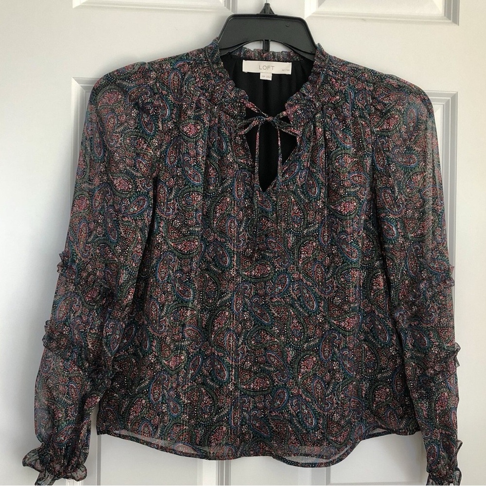 LOFT Womens Multicolor Paisley Shimmer Vine Ruffled Tie Neck Blouse Size S